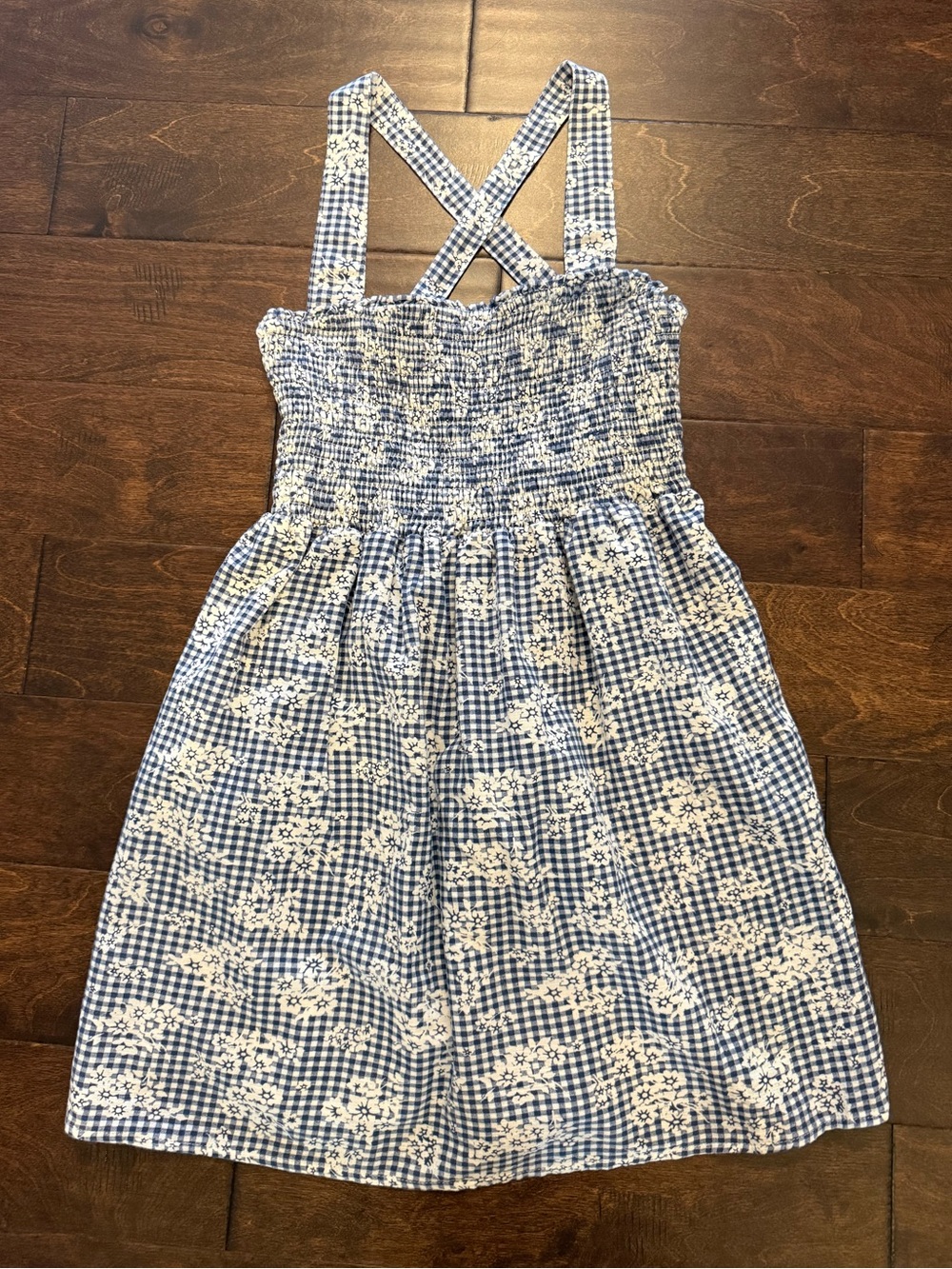 American Eagle Blue Gingham Floral Sundress with Adjustable Crossback Straps